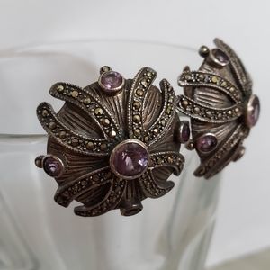 Gunmetal with Amethyst Crystals Clip On Earrings